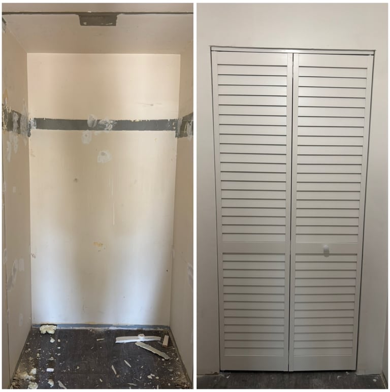 a closet with a closet door and a closet door