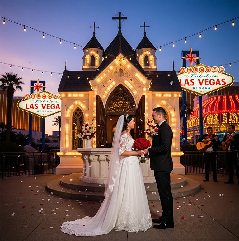 a bride and groom standing in front of a wedding venue