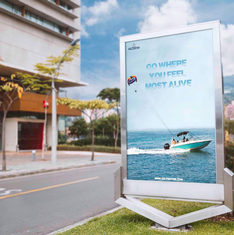 a poster board advertising a boat in the water