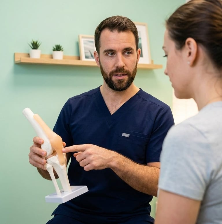 Fisioterapeuta en Guadalajara evaluando rodilla con modelo anatómico en clínica Sirona