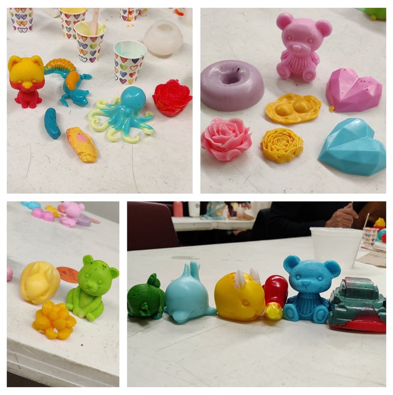 a series of four photos of a variety of figures made from soap