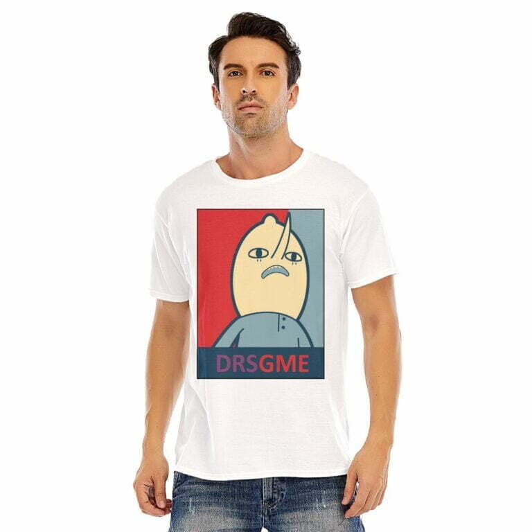 a man in a custom white shirt with a cartoon character on it