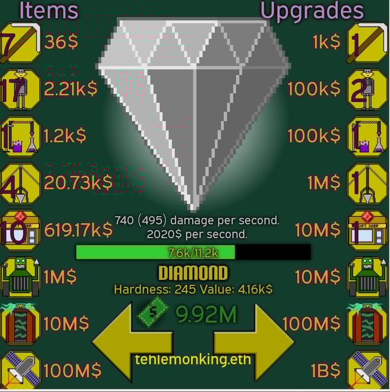 screenshot of mining game, Lemon Gem Hoarder.