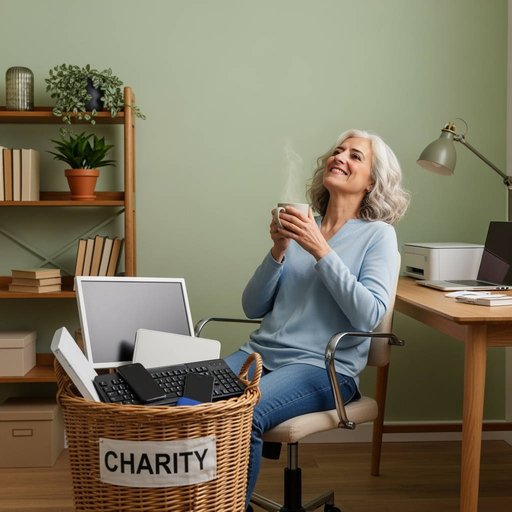 Smiling businesswoman enjoys calm after completing her digital declutter.