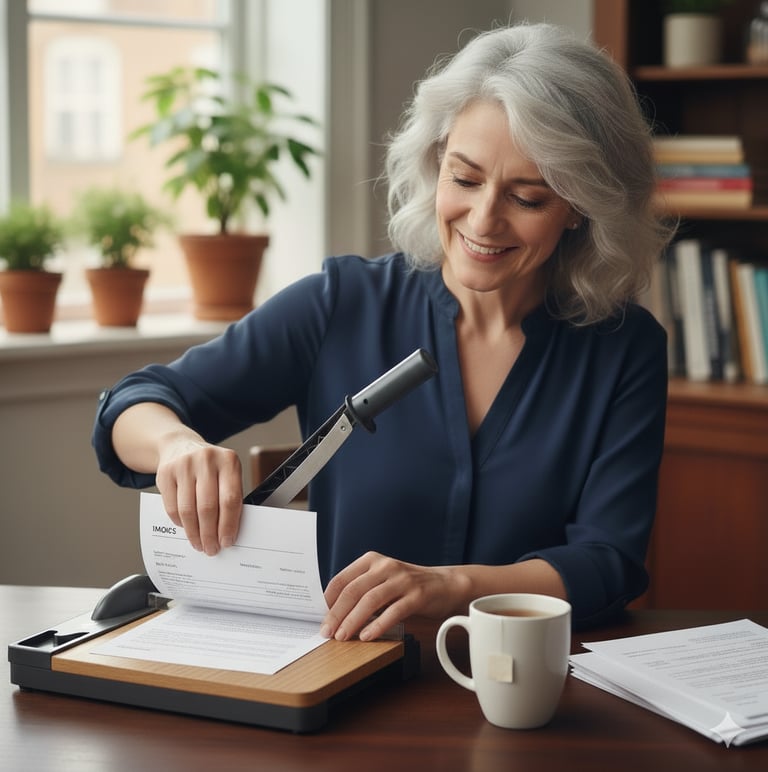 A smiling business woman uses a paper shredder, decluttering her workspace.