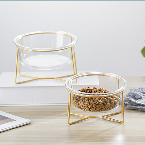 Elevated pet feeder with two glass bowls and iron stand, non-toxic and dishwasher safe