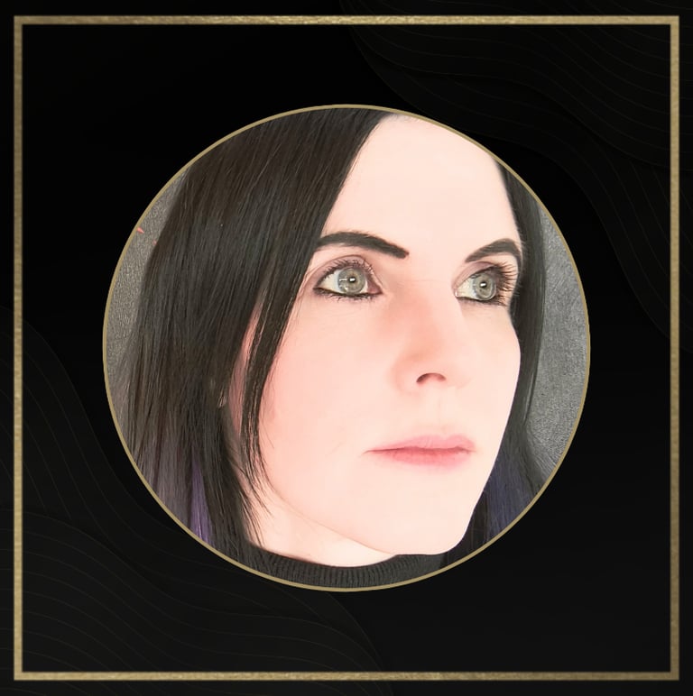 Portrait of a woman with dark hair and green eyes in a gold circular frame.