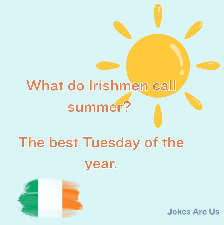 Joke with a text, "What do Irishmen call summer? The best Tuesday of the year."
