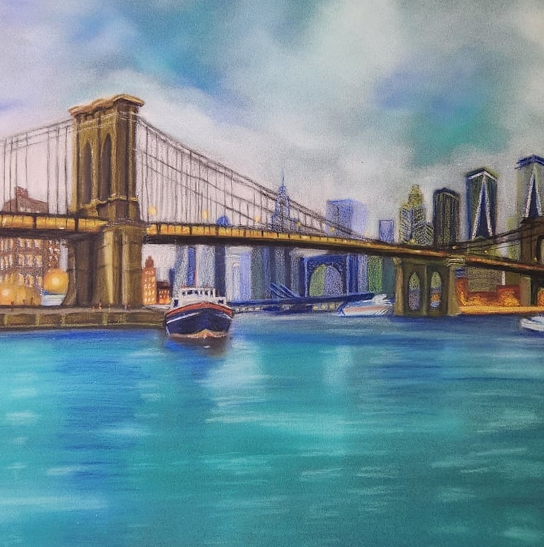 a painting of a bridge spanning a city