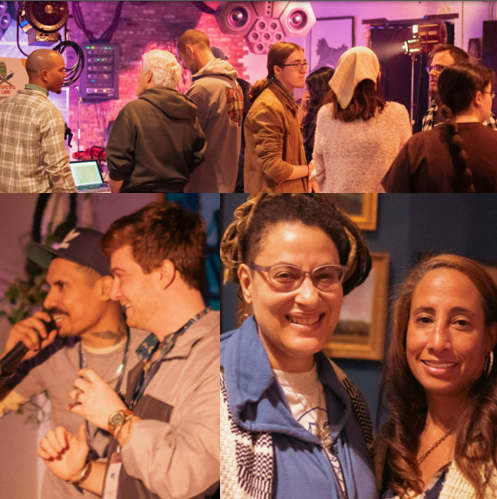 Diverse group of people socializing and performing at a vibrant community event with live music.