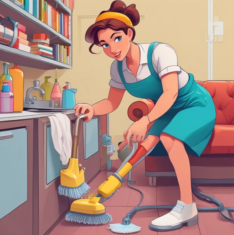 A friendly cleaning professional smiling while holding cleaning supplies in a bright, tidy room.