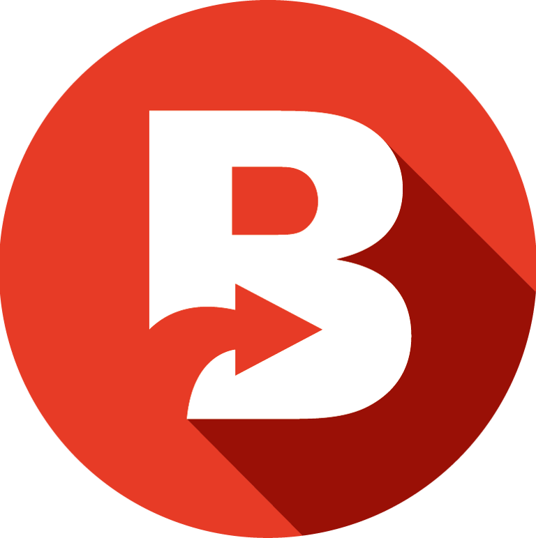 A white capital letter B icon with a red share arrow inside a red circle background.