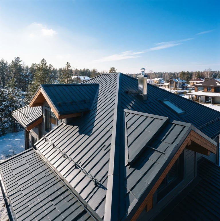 High-angle shot of a clean modern cottage roof with dark grey metal tiles under a bright Siberian morning sky, professional construction detail, high contrast, 35mm