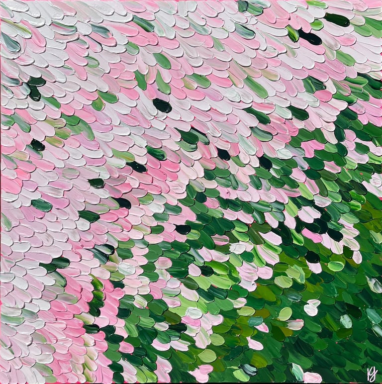 Kate Young abstract painting, size 36x36, pink and green, Guelph Artist