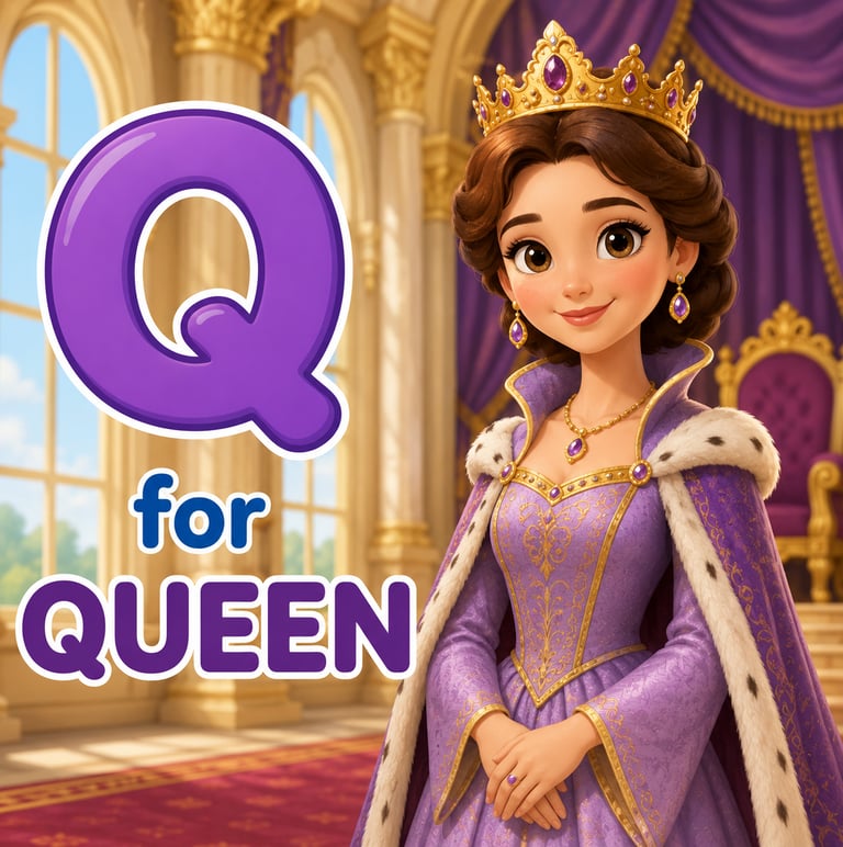Educational alphabet poster featuring a cartoon queen in a purple gown for the letter Q.