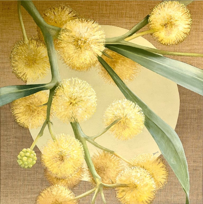 Peinture acrylique sur toile de jute titre "Mimosa"