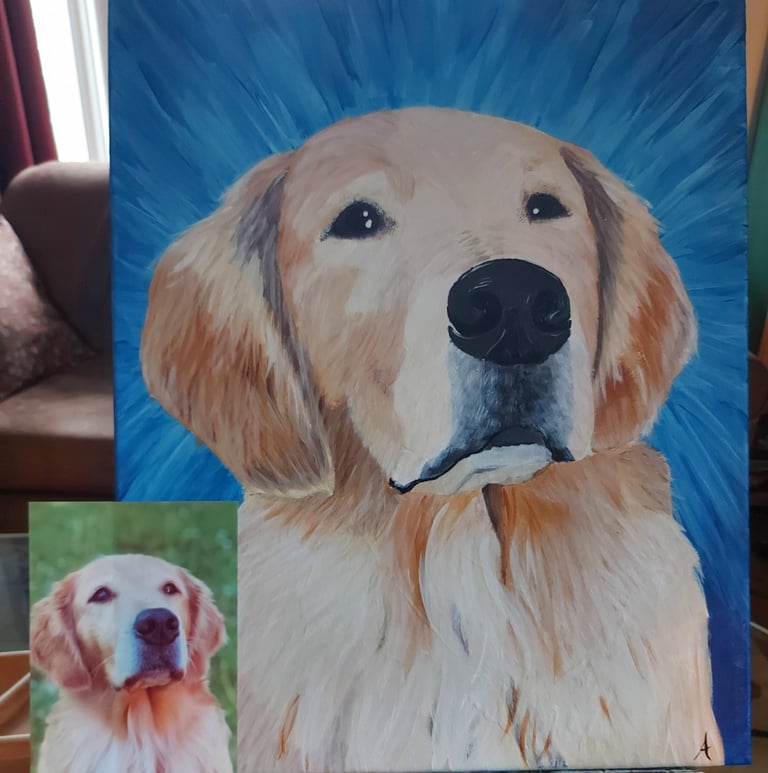 Image of a painting of a dog, with the photo version beside it. 