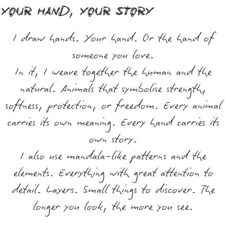 Handwritten artistic artist statement about drawing hands with animal symbols and mandala patterns.