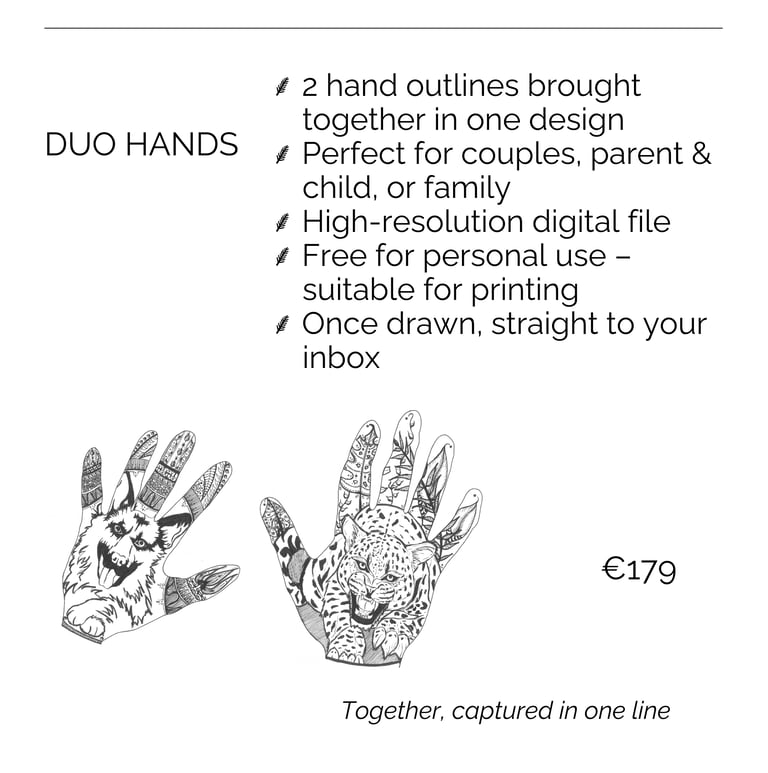 Duo hands line art custom family portraits featuring intricate animal illustrations.