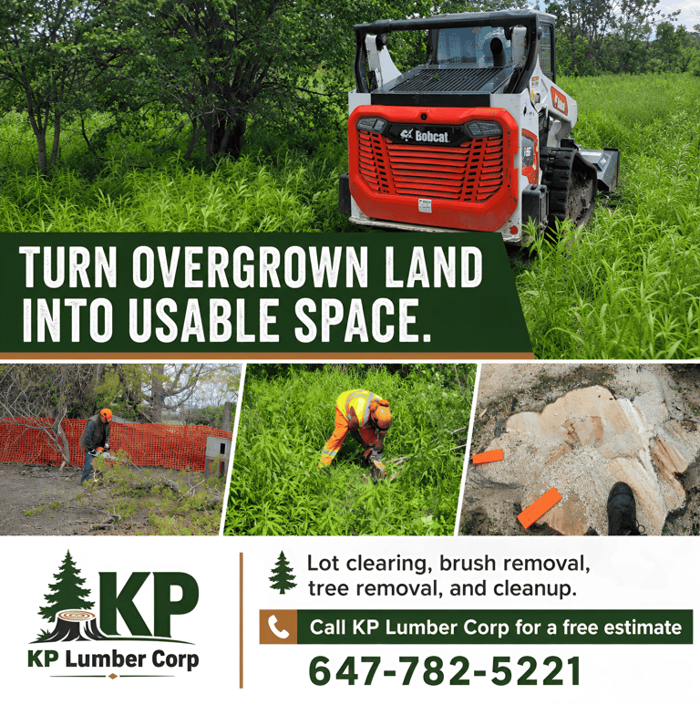 Collage showing brush removal, lot clearing, a cut tree stump, and company contact information for K