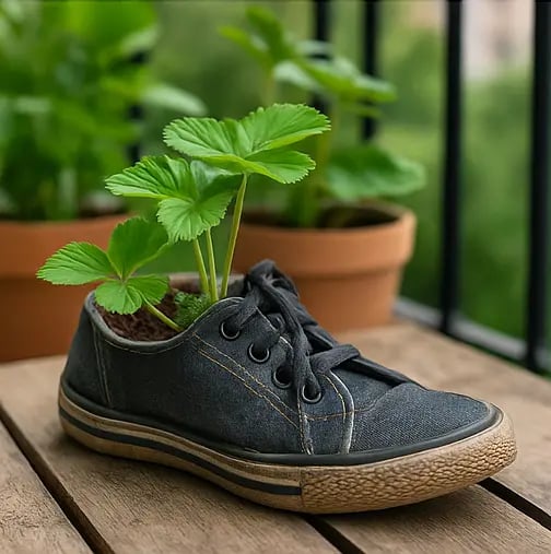 Plant de fraisier poussant dans une vieille chaussure en toile utilisée comme pot de fleurs