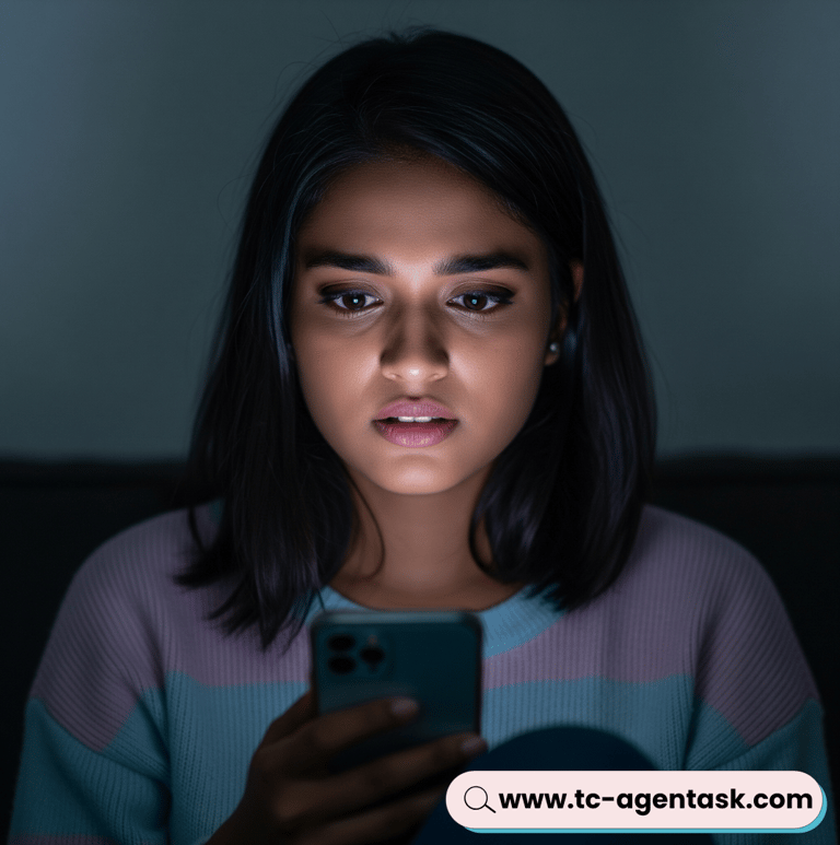 a woman in a striped sweater looking at her phone