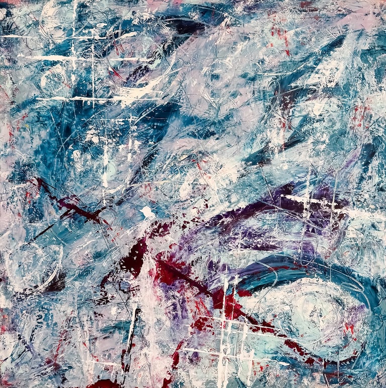 Abstract expressionist painting with textured blue, white, and burgundy oil paint brushstrokes.