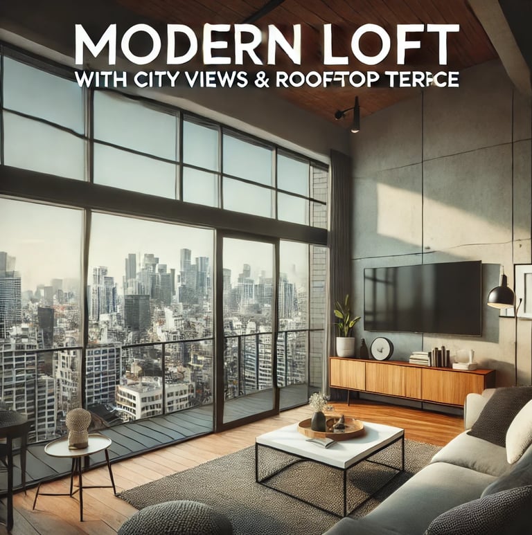 a living room with a large window and a view of the city