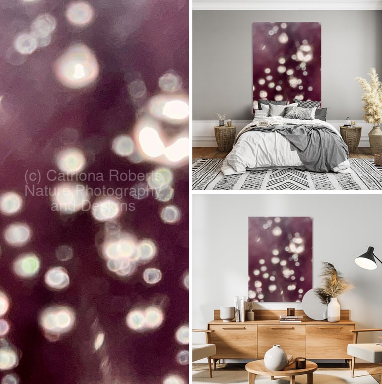 Digital image showing the design 'Abstract Glowing Orbs' alone on left and on canvas prints on right