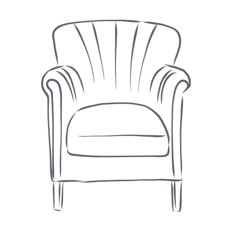 Minimalist line drawing of a vintage scalloped back armchair for home decor inspiration.