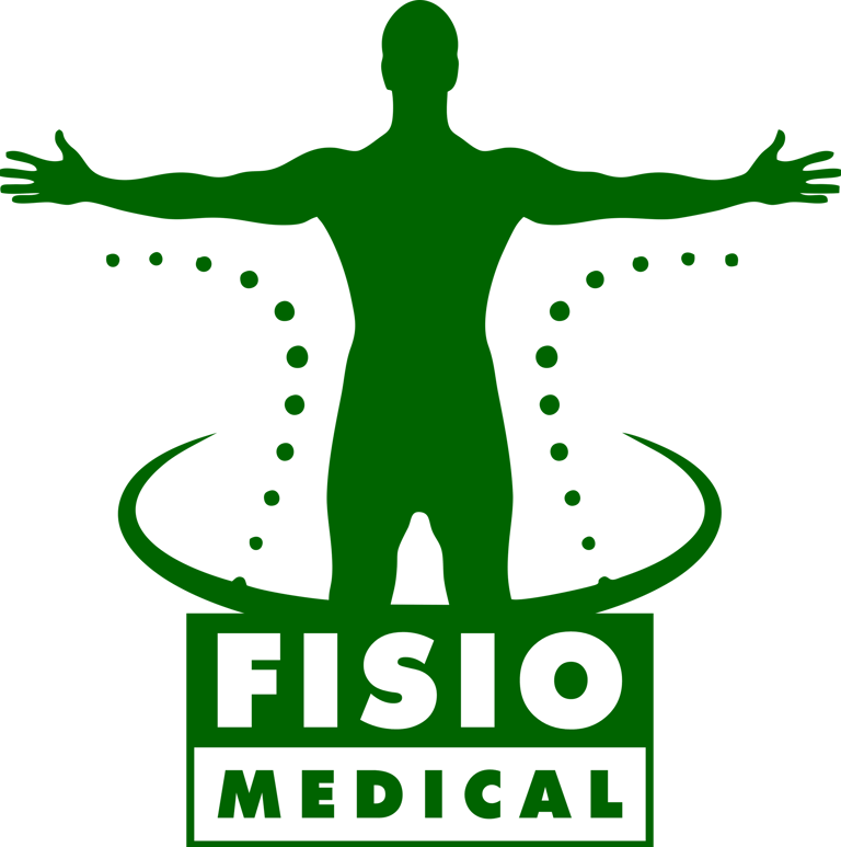 Logomarca da empresa Fisiomedical, com predominância das cores branco e verde.