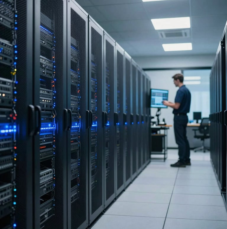 Wide shot of a modern server room corridor, rows of illuminated rack servers to the left, a technician in the mid-distance reviewing a monitoring screen, cool blue ambient lighting from equipment panels, crisp office-grade fluorescent overhead light, depth of field showing infrastructure at scale