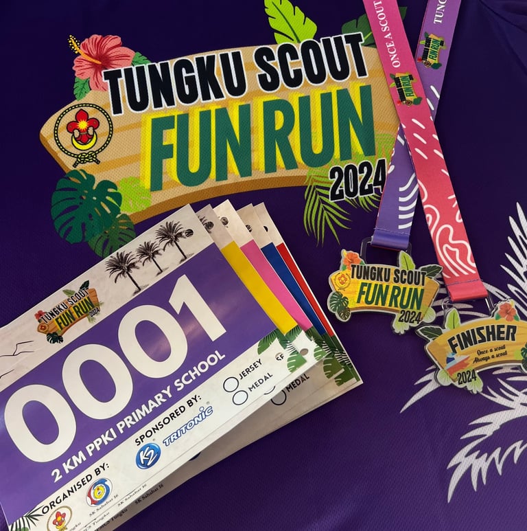 event racepack t-shirt medal bib number for event larian tungku scout fun run