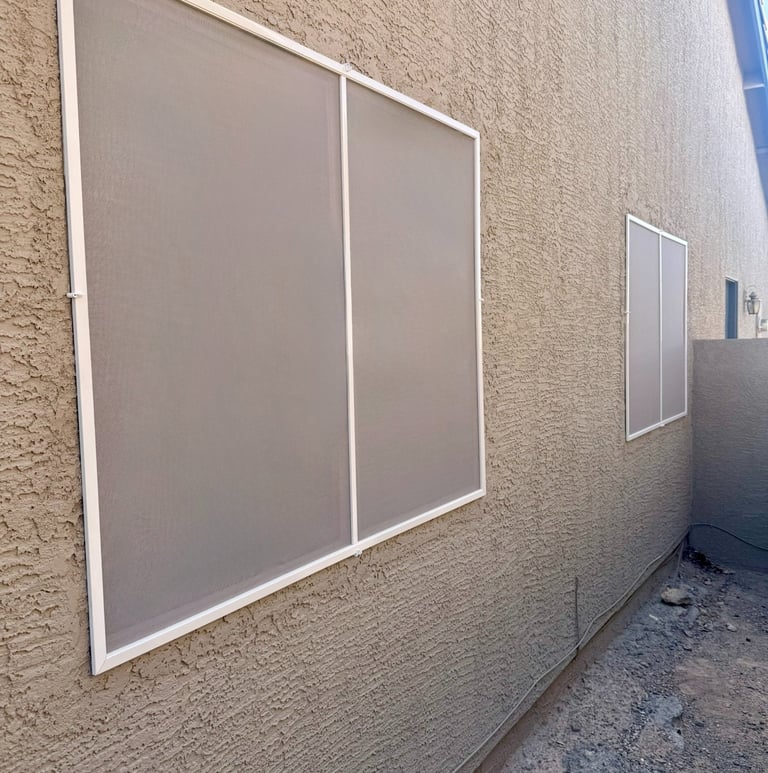 Newly fabricated and installed window screens provide privacy and protection