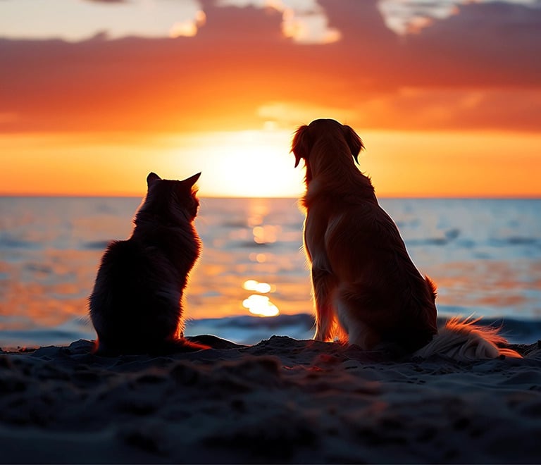 a cat and a dog sitting on the beach at sunset.