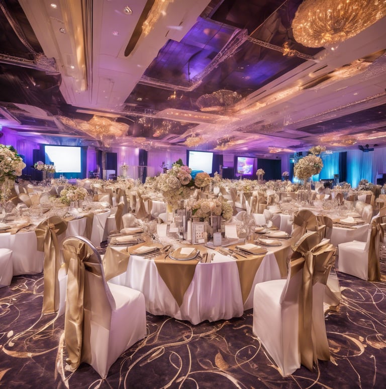 a large room with tables and chairs and a large screen