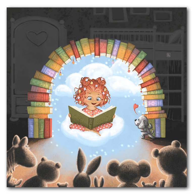Illustration by Ildiko Hankoszky of girl reading to toys under a glowing book arch