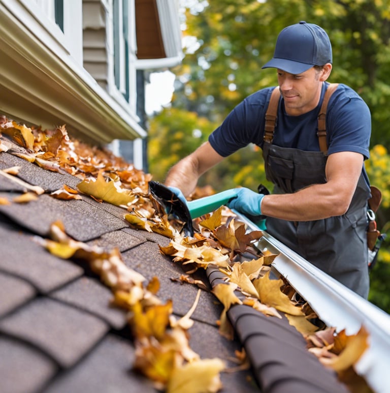 a man in a blue hat and a blue hat is cleaning a gutter