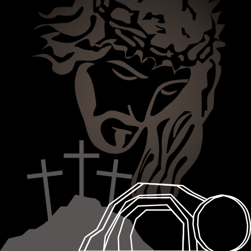 Silhouettes of Jesus, three crosses, and an empty tomb.