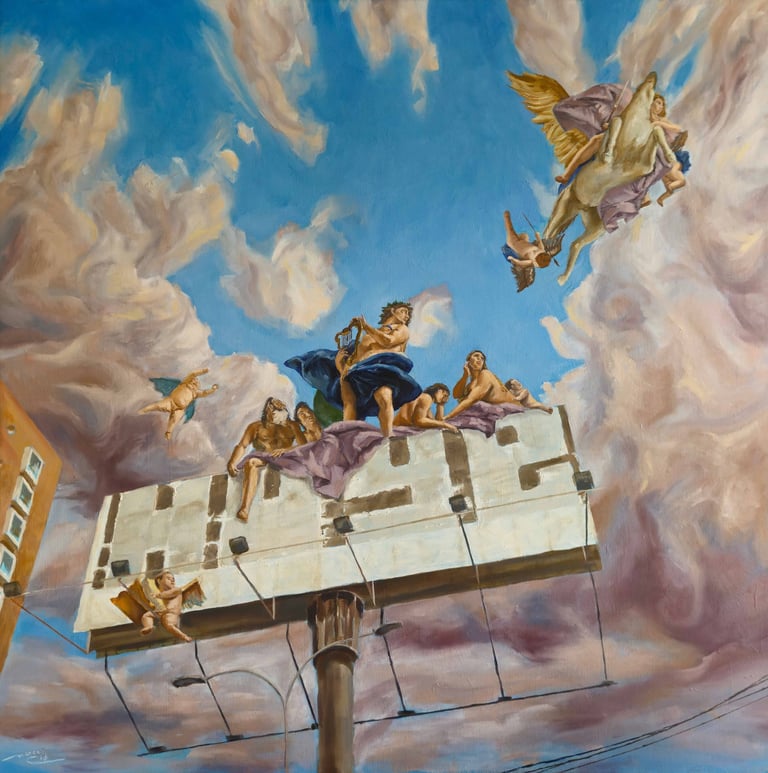 a painting of angels on a billboard
