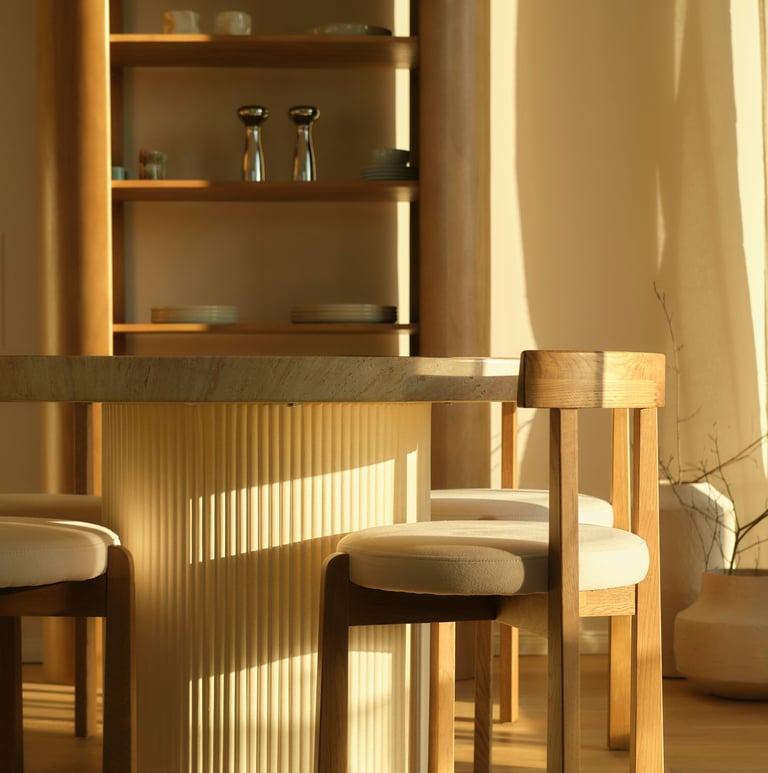 Modern organic interior design showcasing natural wood textures and bespoke fluted timber furniture.