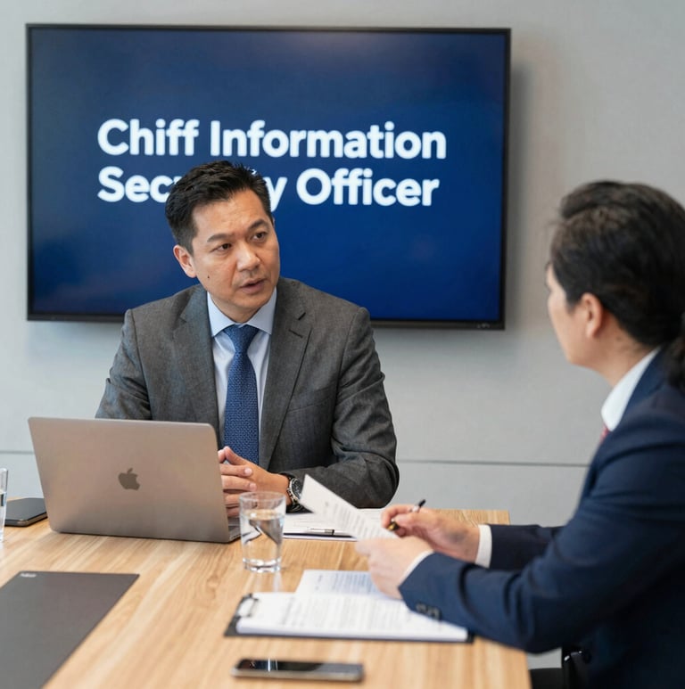 A professional consulting with a client over a laptop, surrounded by cybersecurity charts and notes.