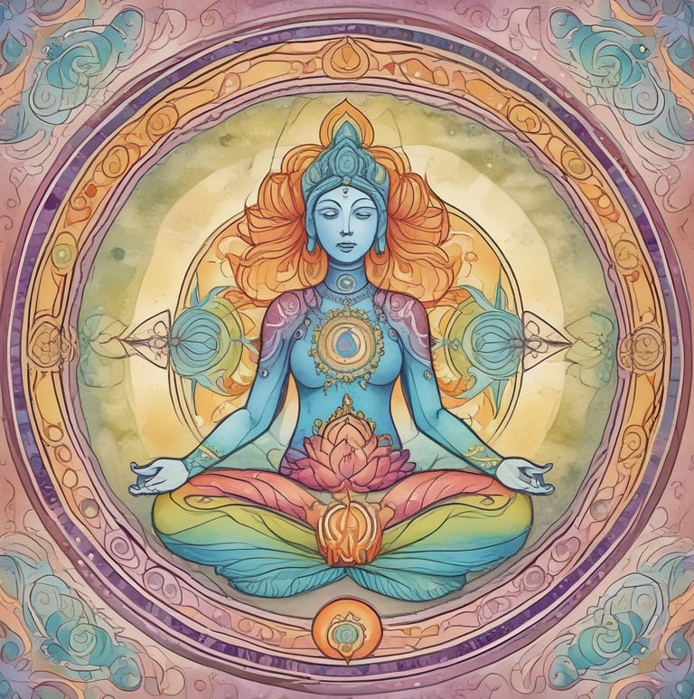 A person with long dark hair, wearing a white blouse, stands with eyes closed and hands on their chest. The background includes green foliage and tree trunks, creating a natural ambiance.