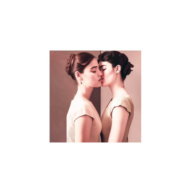two women kissing in front of a mirror