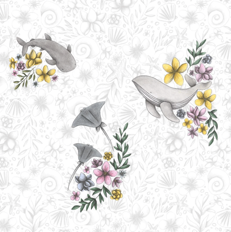 Sea Creatures and Flowers hand-drawn illustration