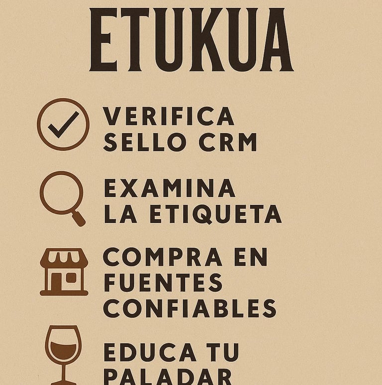 Infográfico con lista de verificación: verificar sello CRM, examinar etiqueta, comprar en lugares co