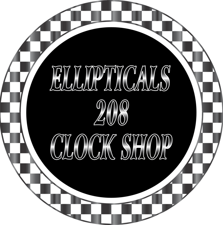 Ellipticals 208 Clock Shop logo featuring silver text inside a checkered circular border.