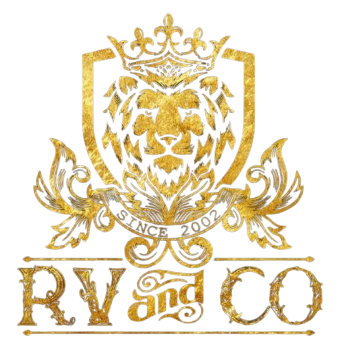 Golden lion head crest logo for RV and CO featuring a royal crown and shield.