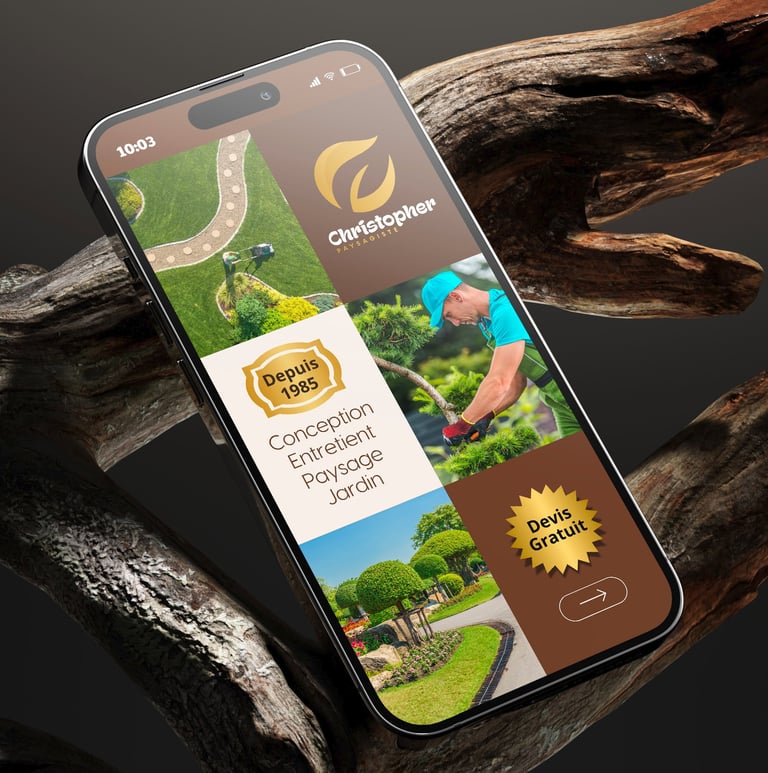 Site web de paysagiste sur un smartphone avec les services de conception et d'entretien de jardin.