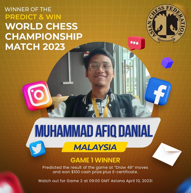 Muhammad Afiq Danial Malaysia winner of Predict & Win by Asian Chess Federation